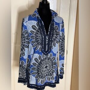 Tory Burch Stephanie Tunic with Mirror Embellished Top Size 8 Navy Tuscan​​​